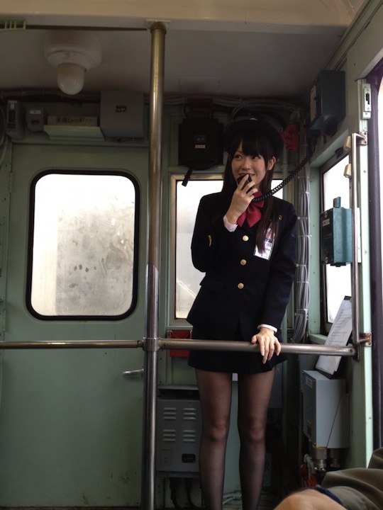 cute japanese girl train conductor pantyhose short skirt