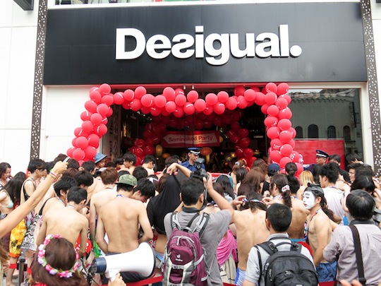 desigual seminaked party bikini swimsuit swimwear event harajuku tokyo store naked customers flash mob