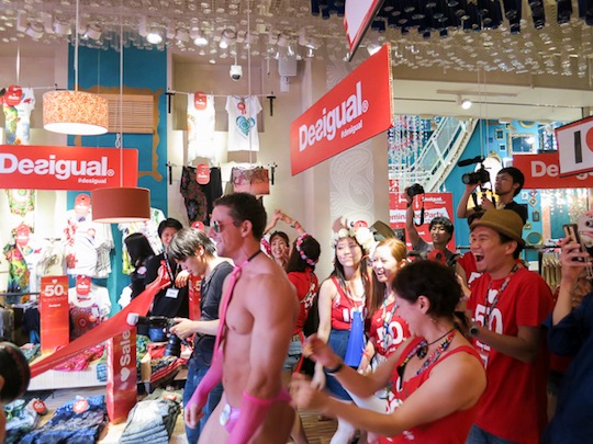 desigual seminaked party bikini swimsuit swimwear event harajuku tokyo store naked customers flash mob